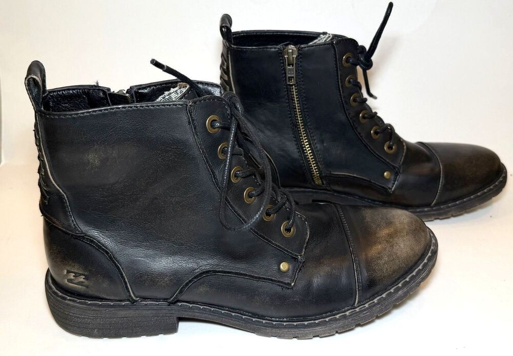 Billabong Willow Way Distressed Black Combat Boots Women’s 9.5 Lace Up Side Zip